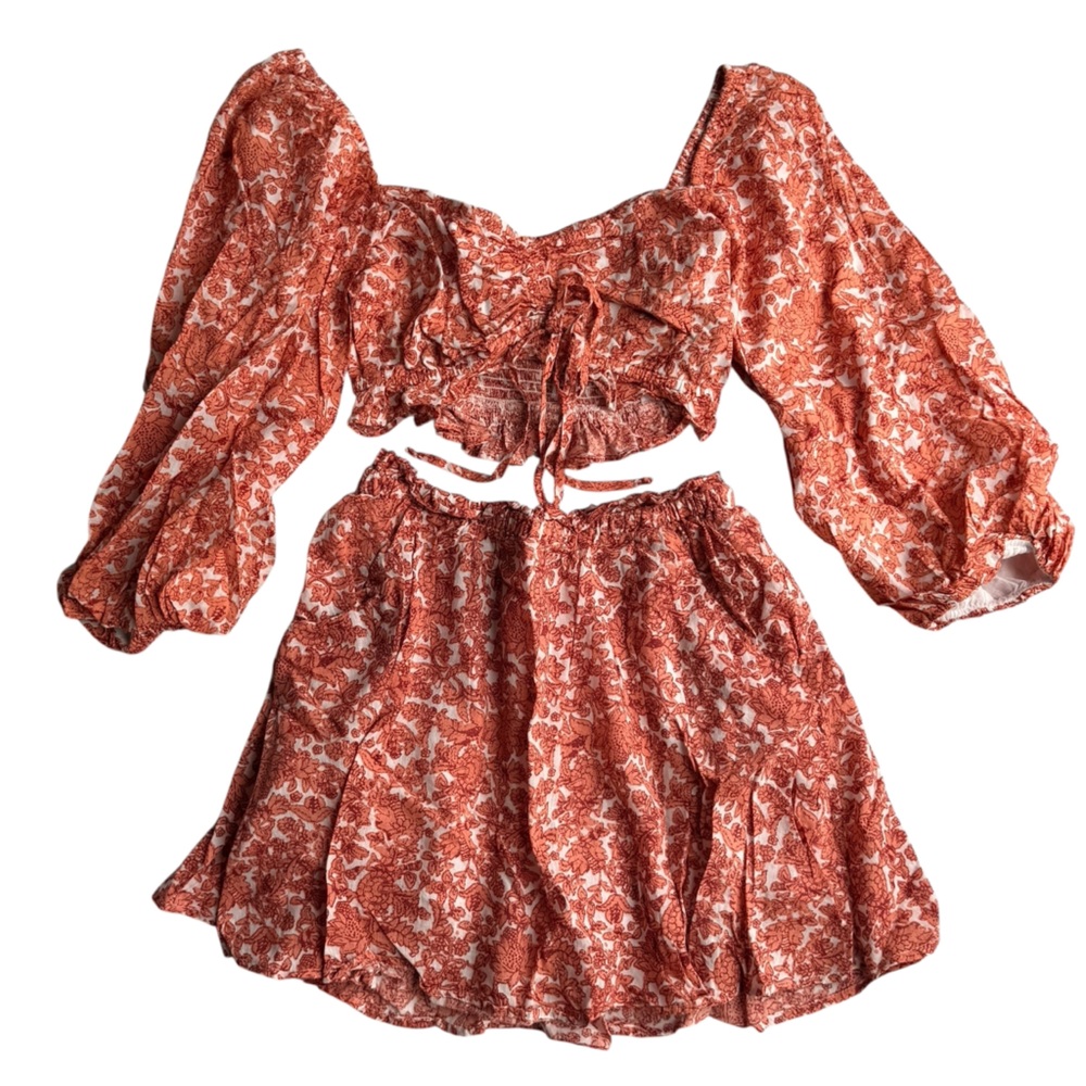 Elan Floral Print Crop Puff Sleeve Top & Skirt Set S